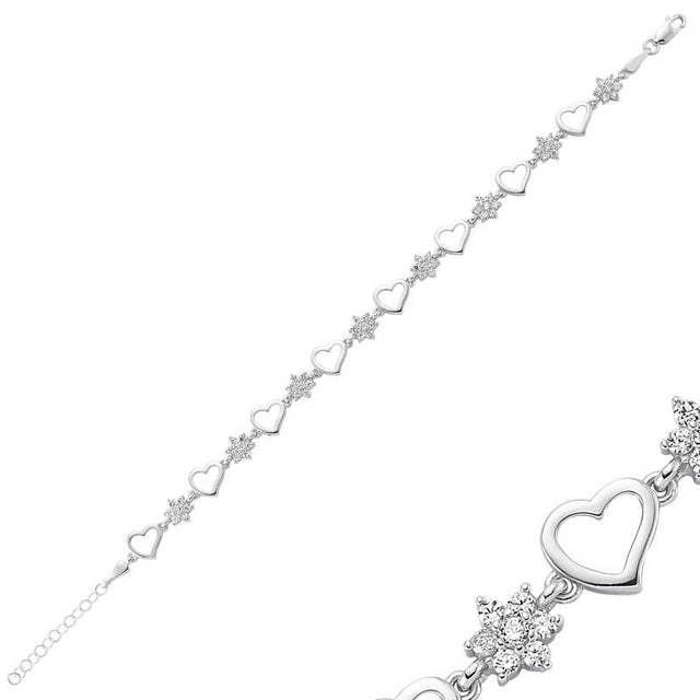 Sterling Silver Zirconia Heart & Flower Dainty Bracelet