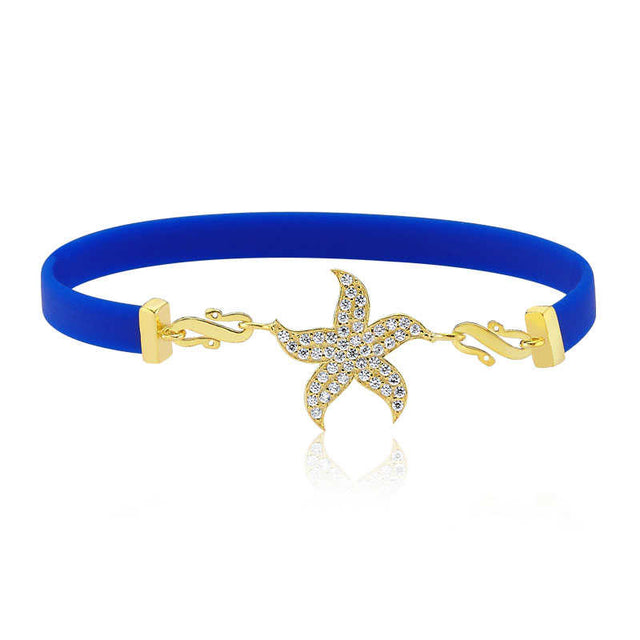 Bracelet - Gold-Tone Starfish with Dazzling Clear Stones & Blue Band