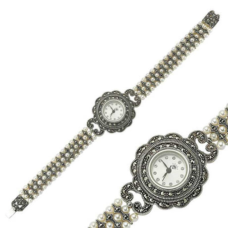 Women's Watch - Sterling Silver Marcasite & Pearl Bracelet Style