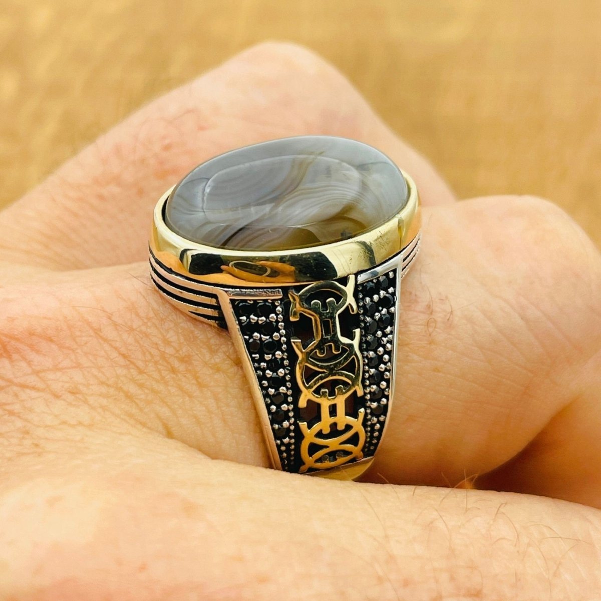 Brown Agate Silver Ring for Men