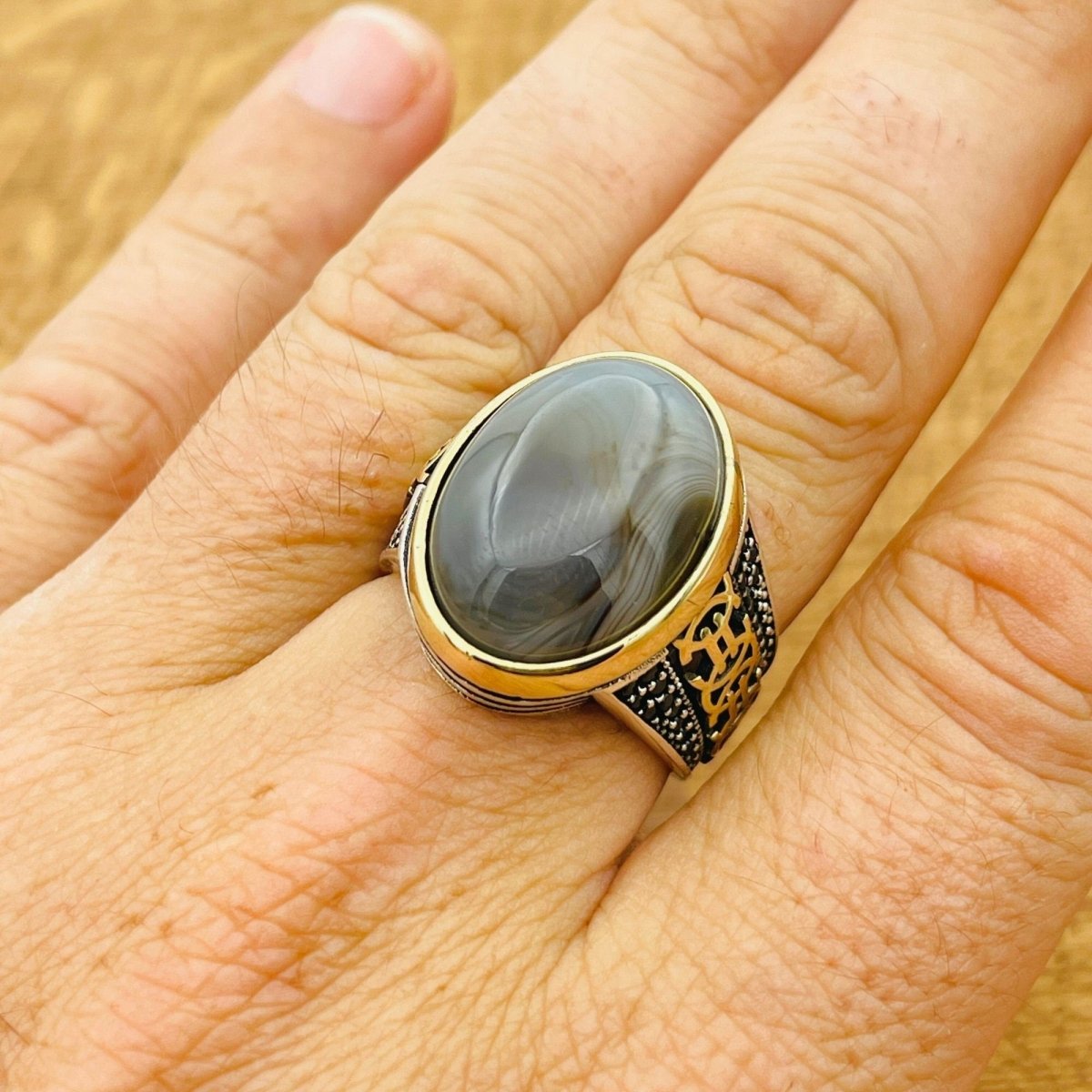 Brown Agate Silver Ring for Men