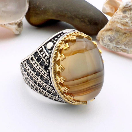 Brown Oval Agate Stone Men's Ring