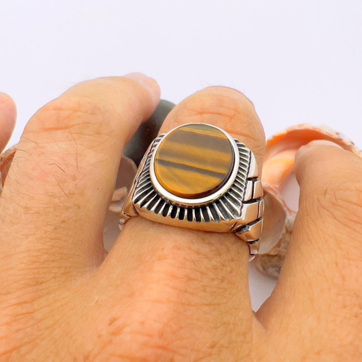 Brown Tiger's Eye Stone Men's Silver Ring