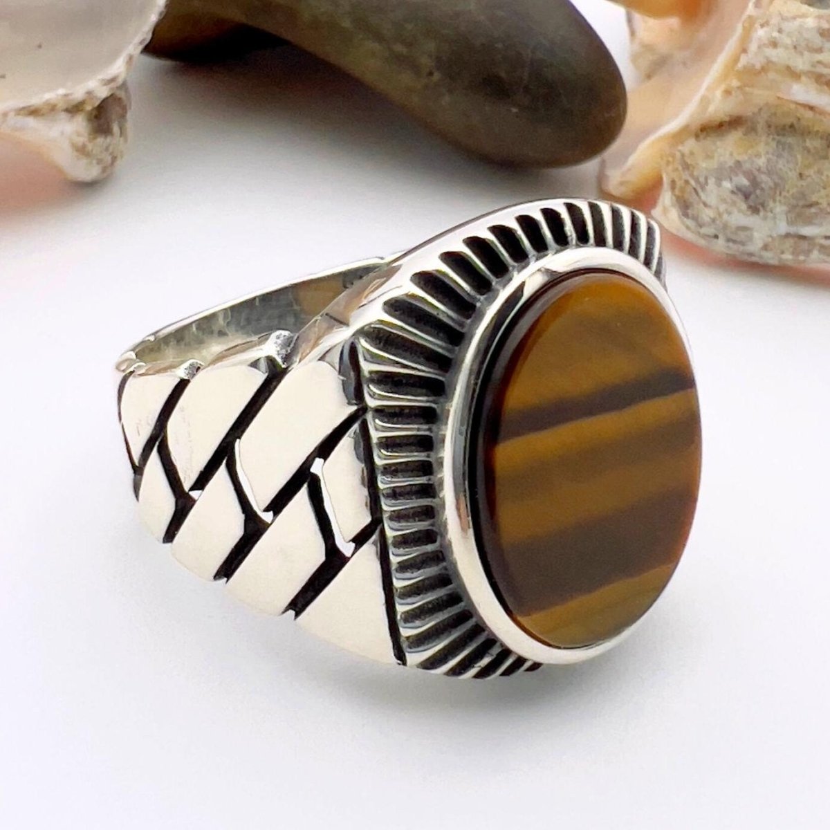 Brown Tiger's Eye Stone Men's Silver Ring