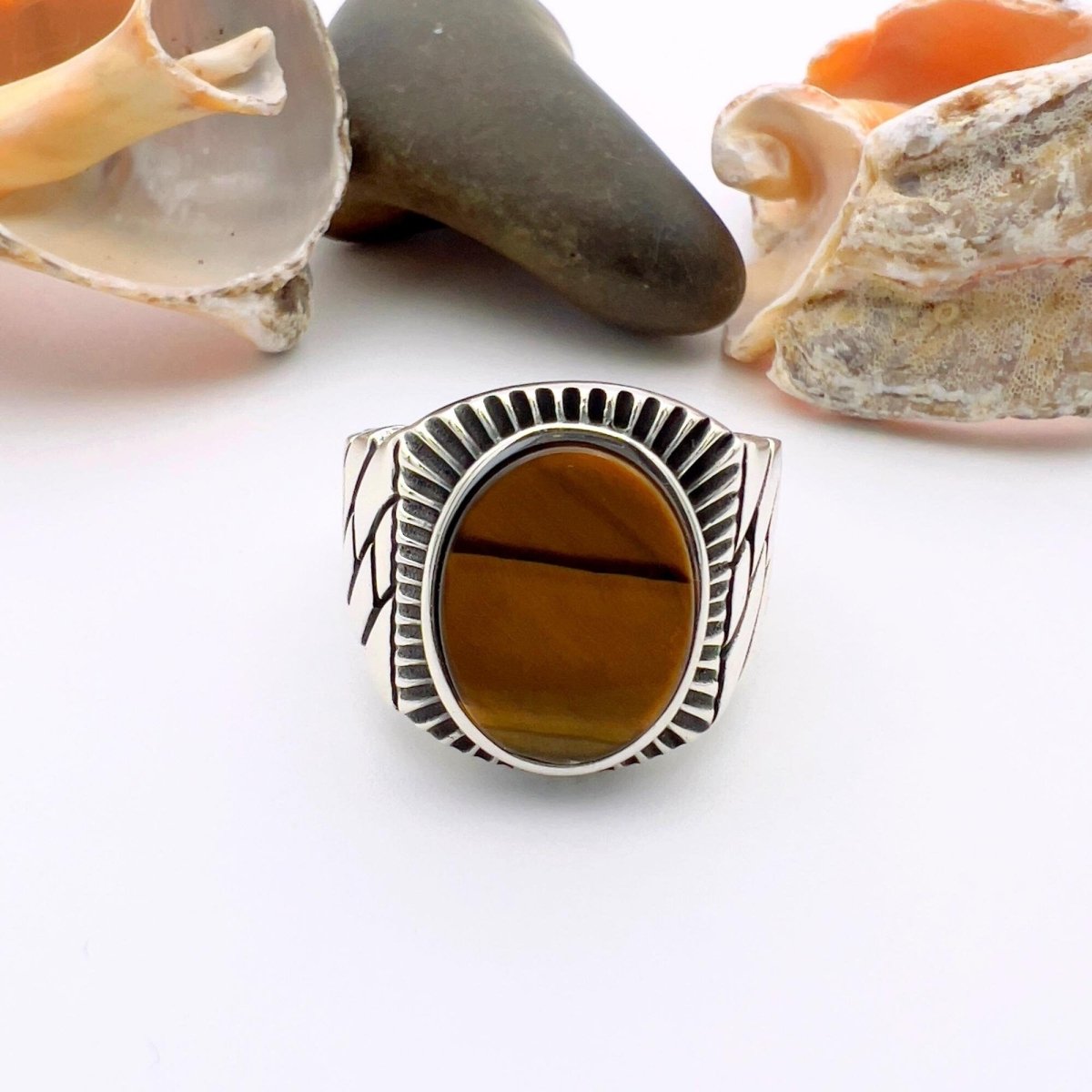 Brown Tiger's Eye Stone Men's Silver Ring