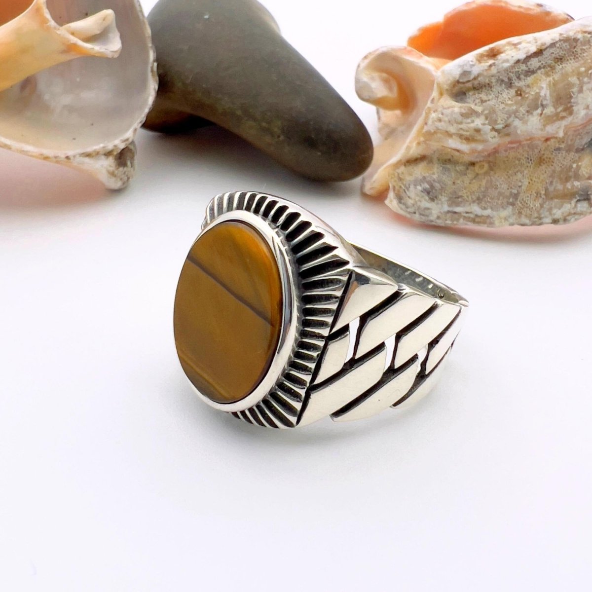 Brown Tiger's Eye Stone Men's Silver Ring