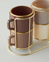 Elegant Four Piece Glass Mug Set   Brown Gold Finish with Stand