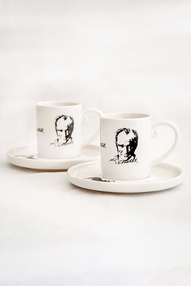 Bursa Porselen Dekor Premium Turkish Coffee Cup Set - Ataturk Motif for Two - TryAladdin