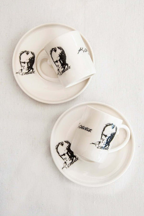 Bursa Porselen Dekor Premium Turkish Coffee Cup Set - Ataturk Motif for Two - TryAladdin