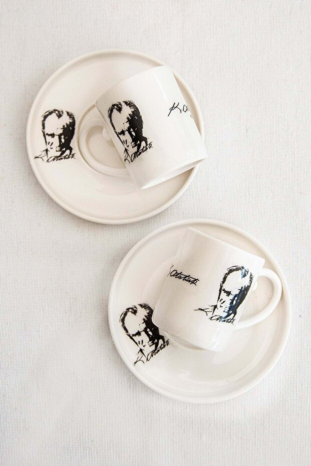 Bursa Porselen Dekor Premium Turkish Coffee Cup Set - Ataturk Motif for Two - TryAladdin
