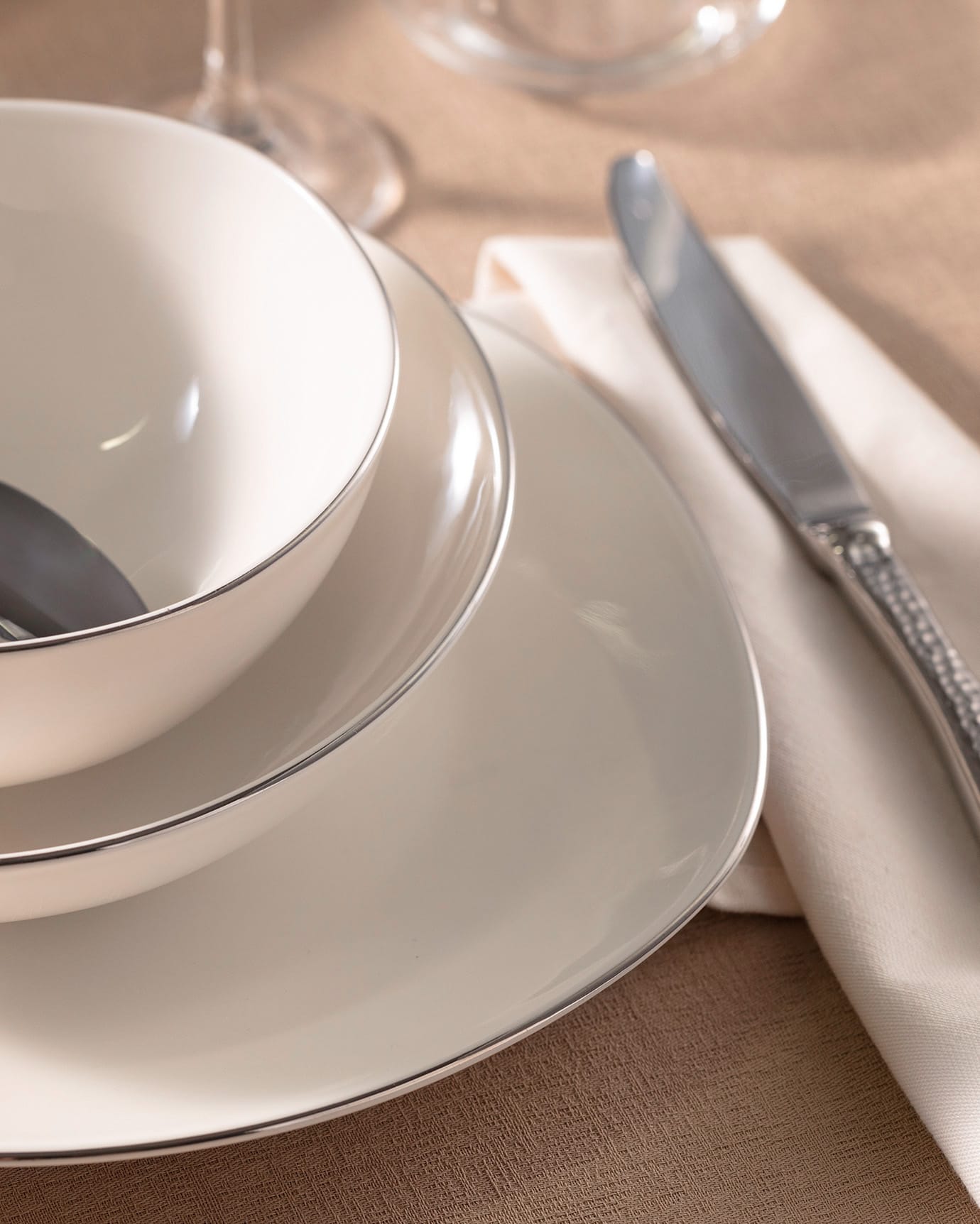 New Bone China Dinnerware Set - Alette Silver Accents