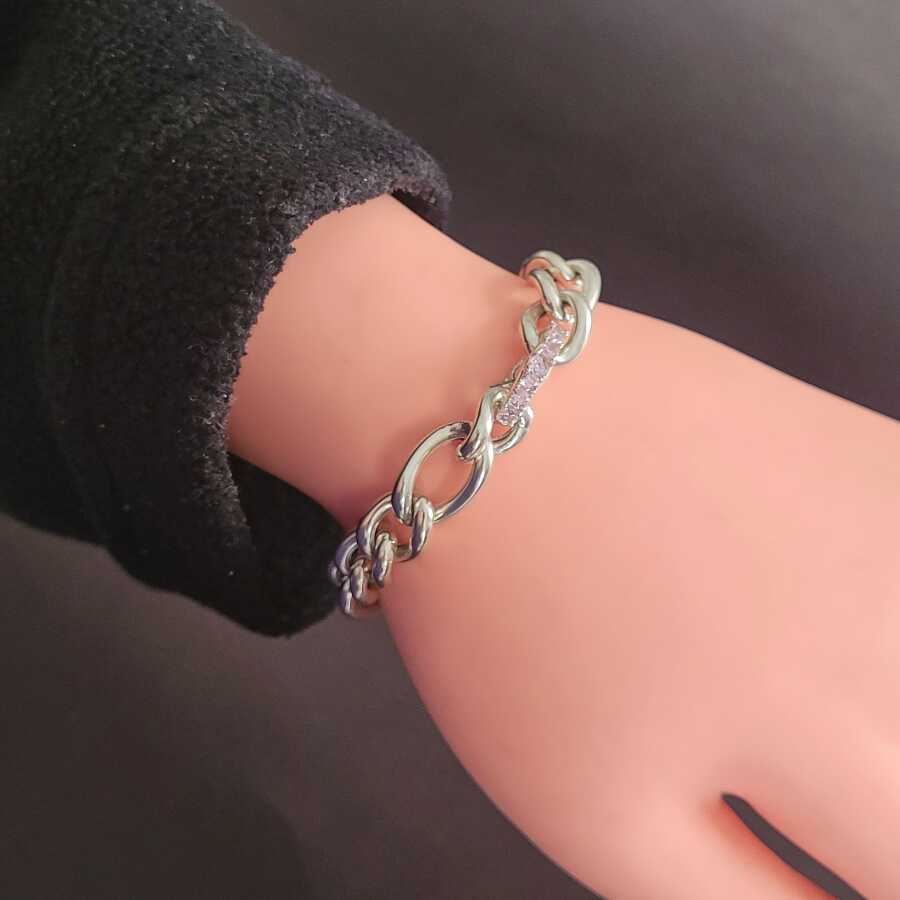 Sterling Silver Hollow Figaro Chain Bracelet - Pink Zircon Accents