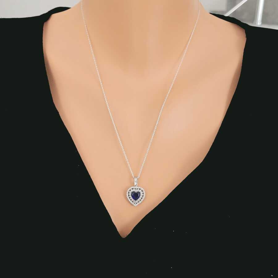 Sterling Silver Heart Double Halo Sapphire Zircon Necklace