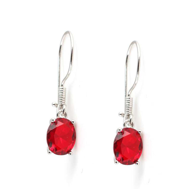 925 Sterling Silver Synthetic Ruby Oval Dangle Earrings