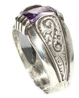 Sterling Silver Emerald Cut Amethyst Patterned Mens Ring