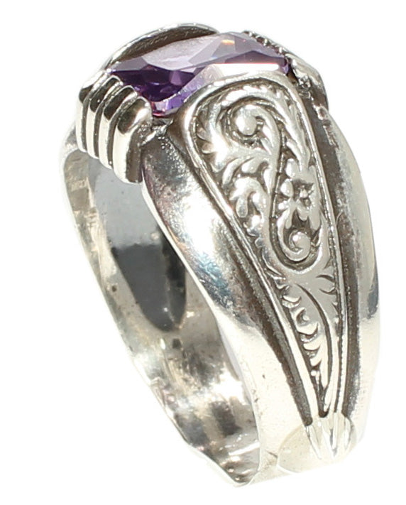 Sterling Silver Emerald Cut Amethyst Patterned Mens Ring