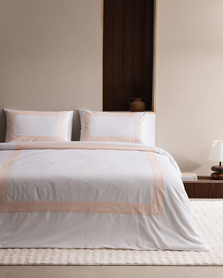 100% Cotton Valette King Size Duvet Cover Set with Fitted Sheet - White & Blush