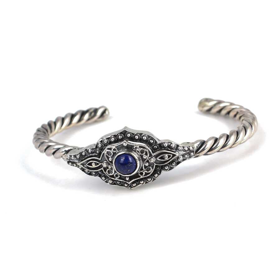 Sterling Silver Lapis Lazuli Filigree Bangle - Handcrafted Twisted Design