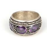 925 Sterling Silver Engraved Three-Stone Men's Ring with Amethyst Zircon