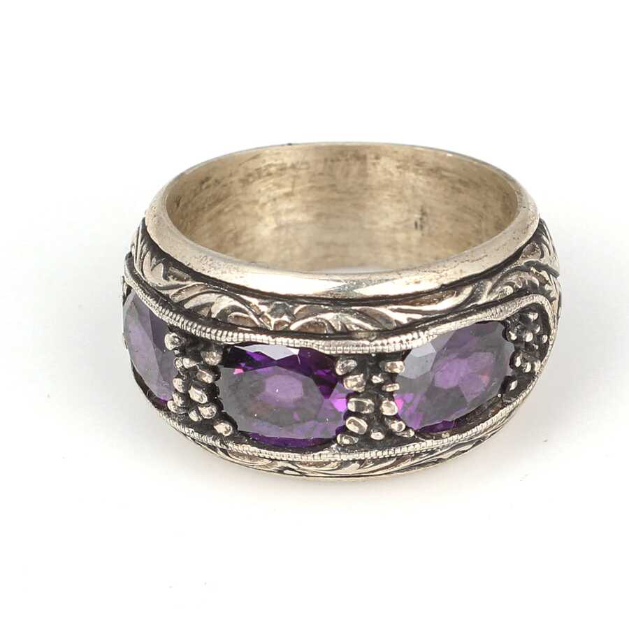 925 Sterling Silver Engraved Three-Stone Men's Ring with Amethyst Zircon