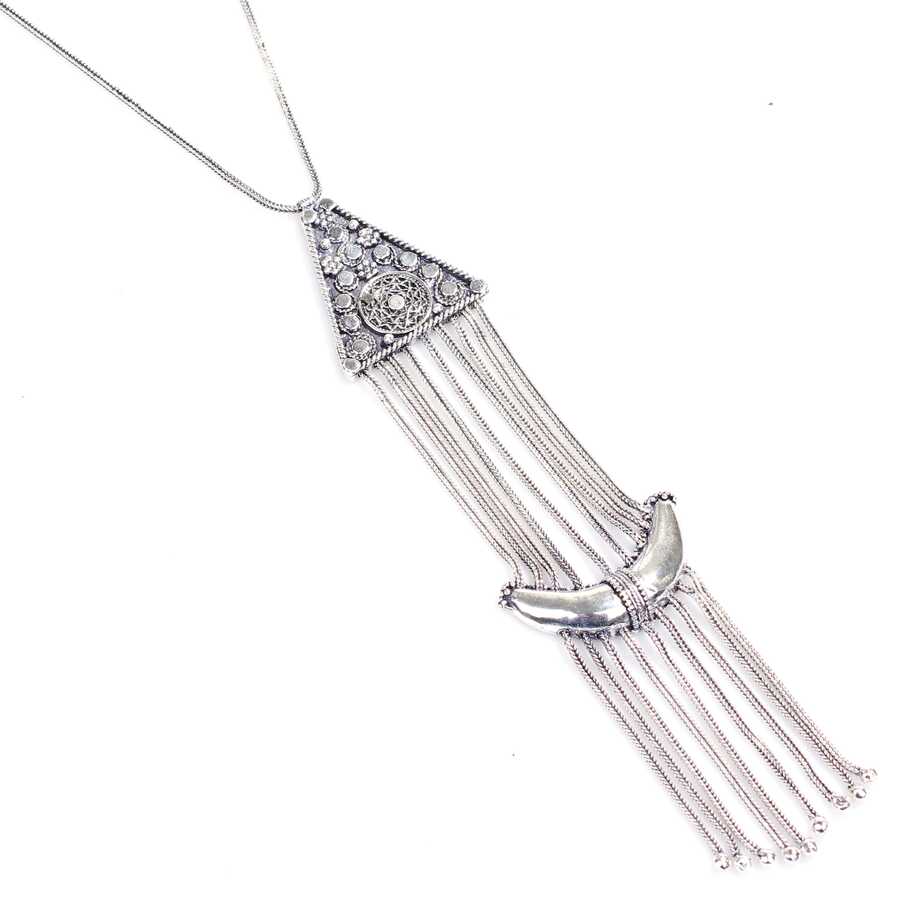 Oxidized Sterling Silver Triangle Moon Long Pendant Necklace