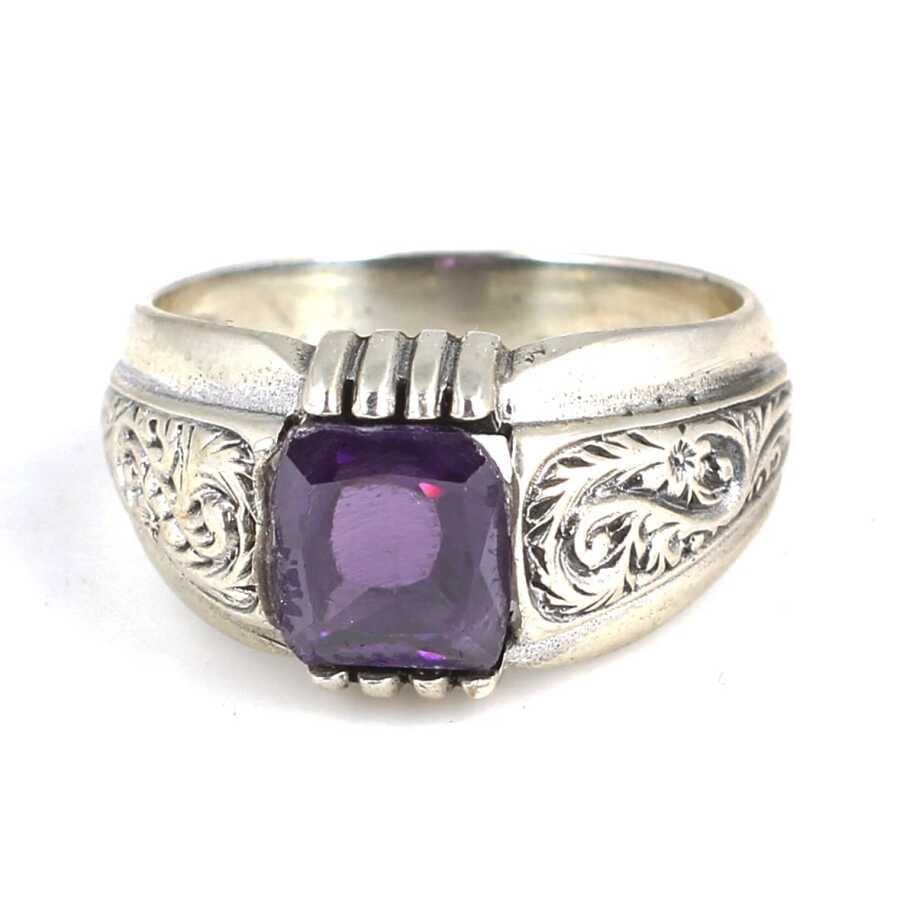 Sterling Silver Emerald Cut Amethyst Patterned Mens Ring
