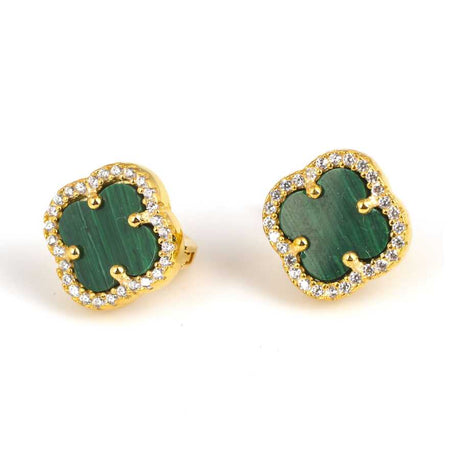 Premium 925 Sterling Silver Clover Malachite Zircon Earring