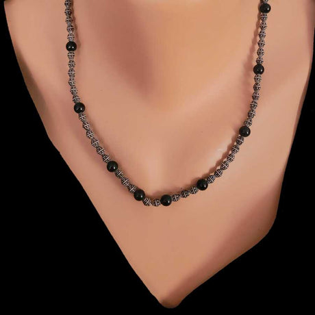 Sterling Silver Onyx Ball Necklace - Intricate Beaded Design