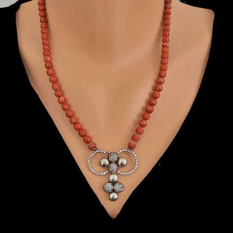 925 Sterling Silver Coral & Zircon Necklace - Statement Piece