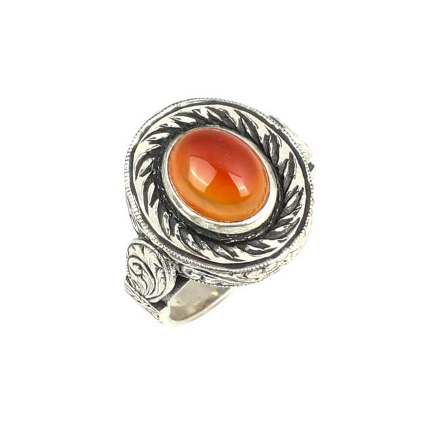 Sterling Silver Agate Men's Ring - Hand-Engraved Wind Rose Design