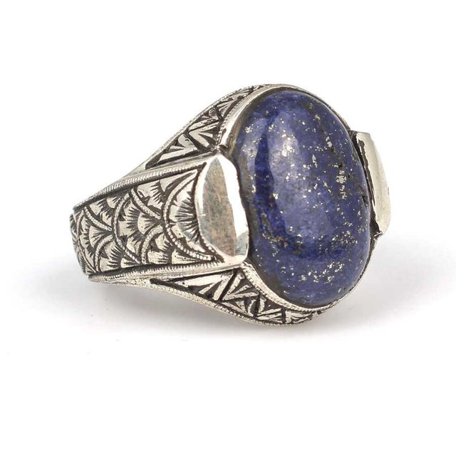 Sterling Silver Men's Ring - Oval Synthetic Lapis Hand-Engraved