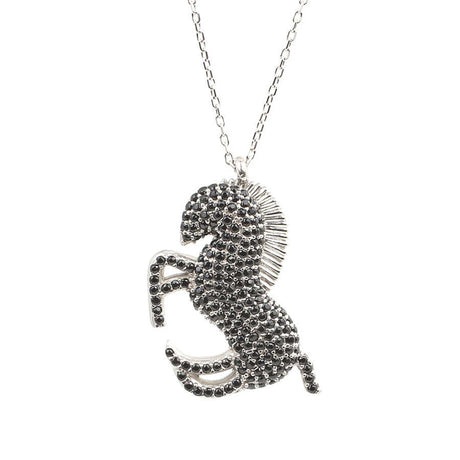 Sterling Silver Onyx Rearing Horse Necklace - Elegant Animal Pendant