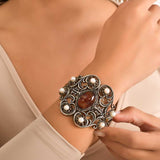 Professional Sterling Silver Pearl Tiger Eye Byzantine Cuff Bracelet