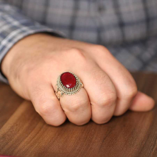 Professional 925 Sterling Silver Oval Faceted Ruby Men's Ring