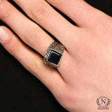 925 Sterling Silver Men's Ring with Square Onyx & Vine Pattern