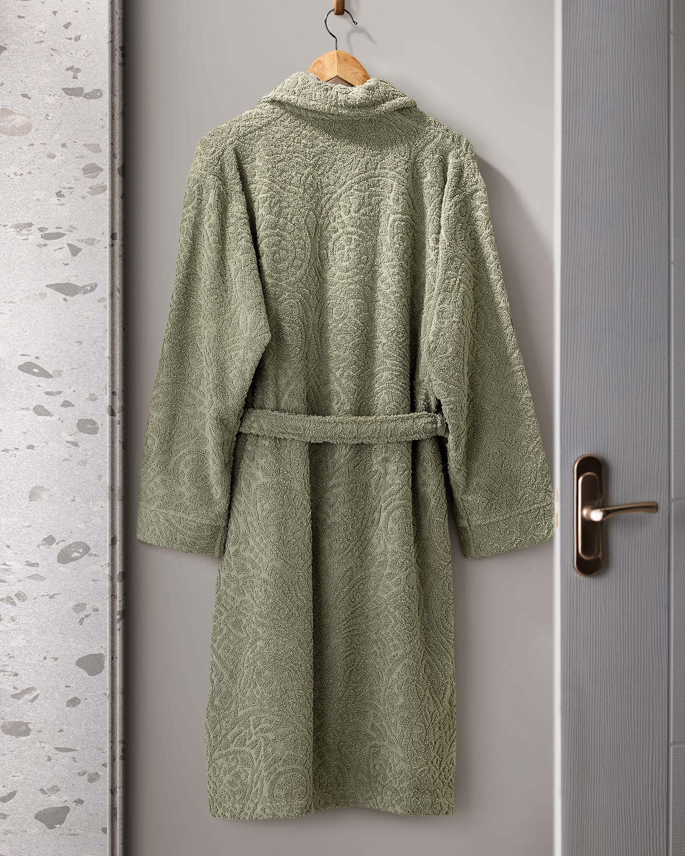 Peignoir unisexe 100 % coton jacquard à col châle, kaki