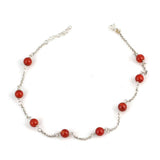 925 Sterling Silver Anklet with Eight Coral Stones - Delicate Style