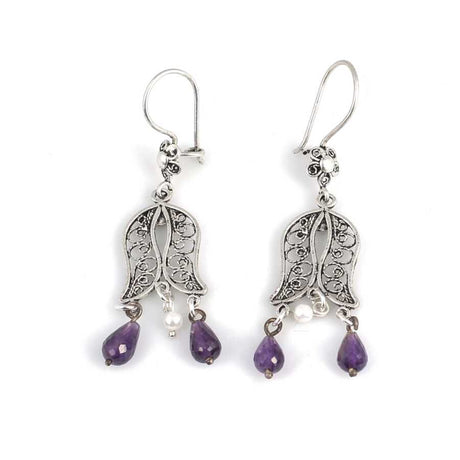 Premium 925 Sterling Silver Pearl Amethyst Filigree Earring