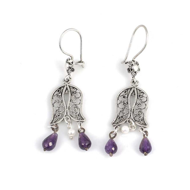 Premium 925 Sterling Silver Pearl Amethyst Filigree Earring