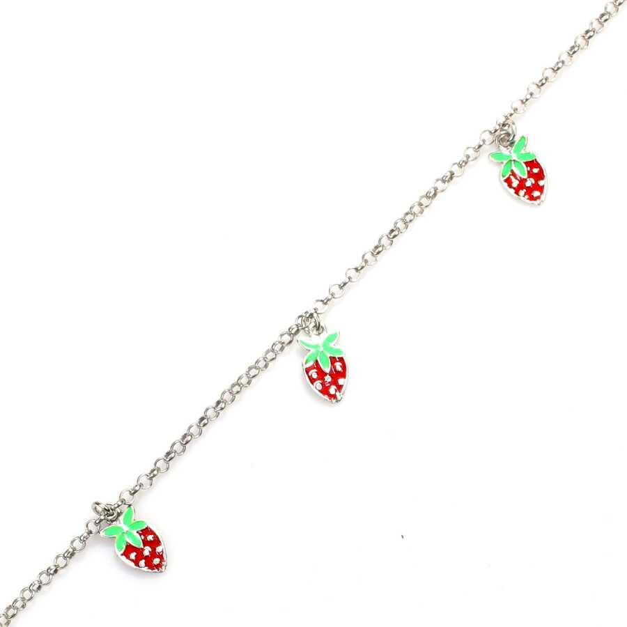 925 Sterling Silver Enamel Strawberry Charm Anklet - Summer Style
