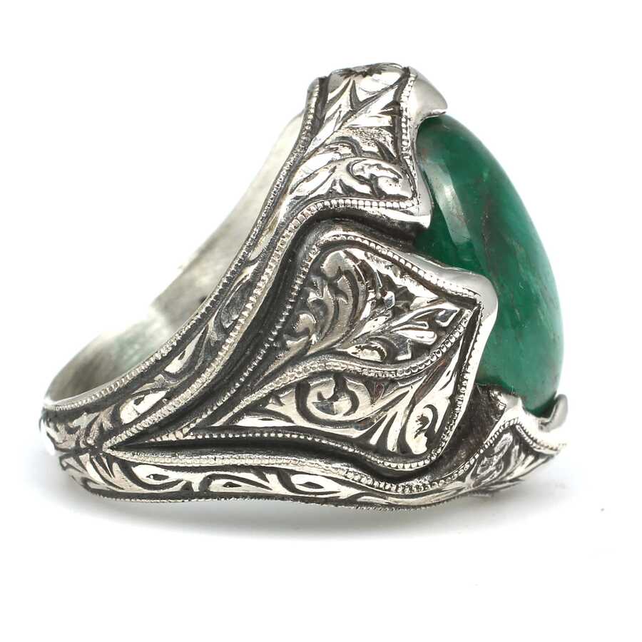 Bague homme en argent sterling 925 - Jade ovale et motif de feuille gravé à la main