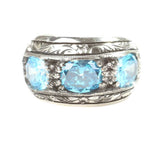 Sterling Silver Hand-Engraved Men's Ring with Three Aquamarine Stones