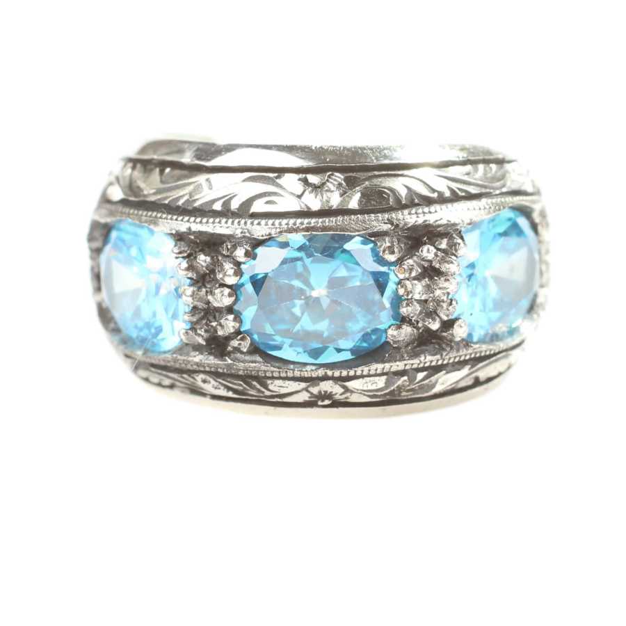 Sterling Silver Hand-Engraved Men's Ring with Three Aquamarine Stones