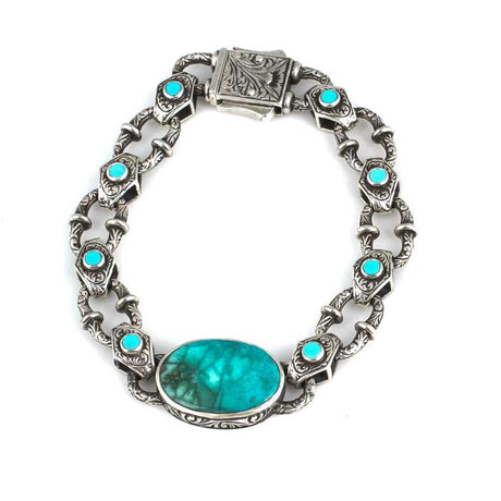 Oxidized 925 Sterling Silver Turquoise Hand-Engraved Bracelet