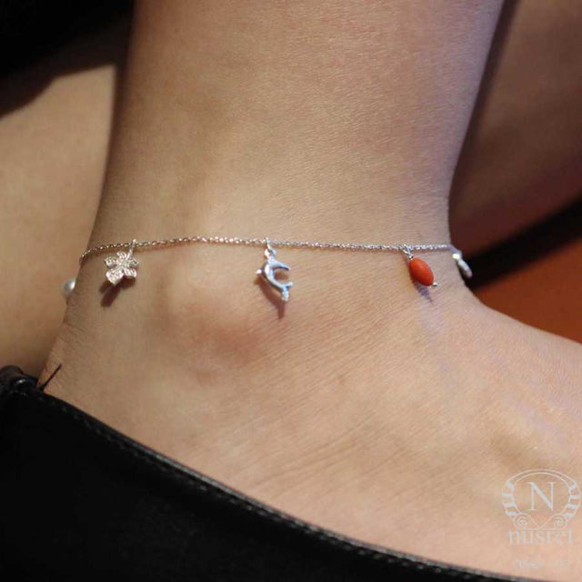 925 Sterling Silver Trendy Summer Charm Anklet - Pearl & Coral