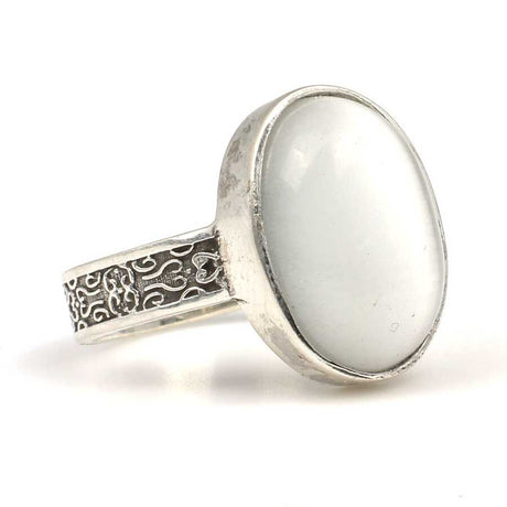 925 Sterling Silver Oval Moonstone Ring - Handcrafted Engraved Band