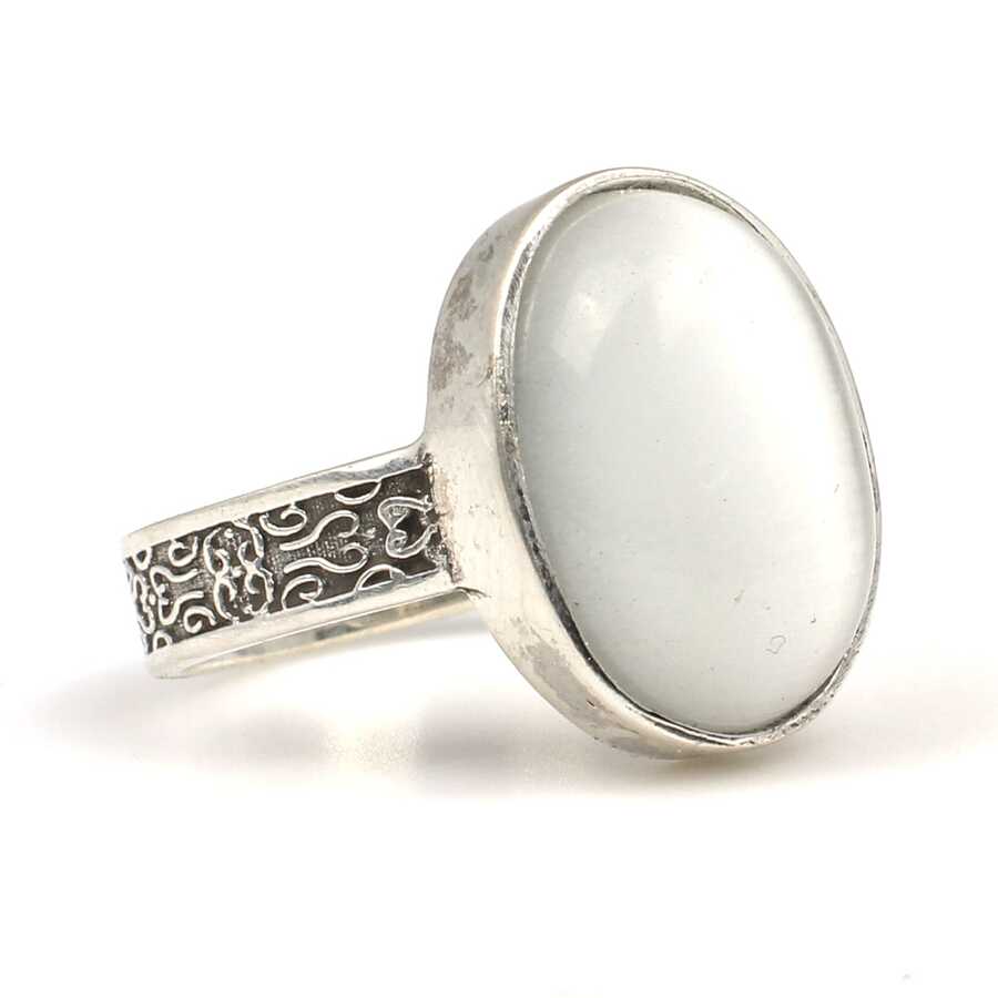 925 Sterling Silver Oval Moonstone Ring - Handcrafted Engraved Band