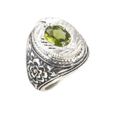925 Sterling Silver Peridot Men's Ring - Floral Engraved