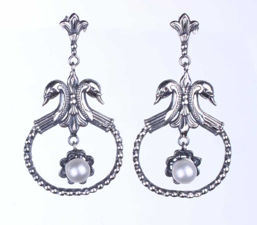 Sterling Silver Pearl Swan Earrings - Antique Byzantine Style
