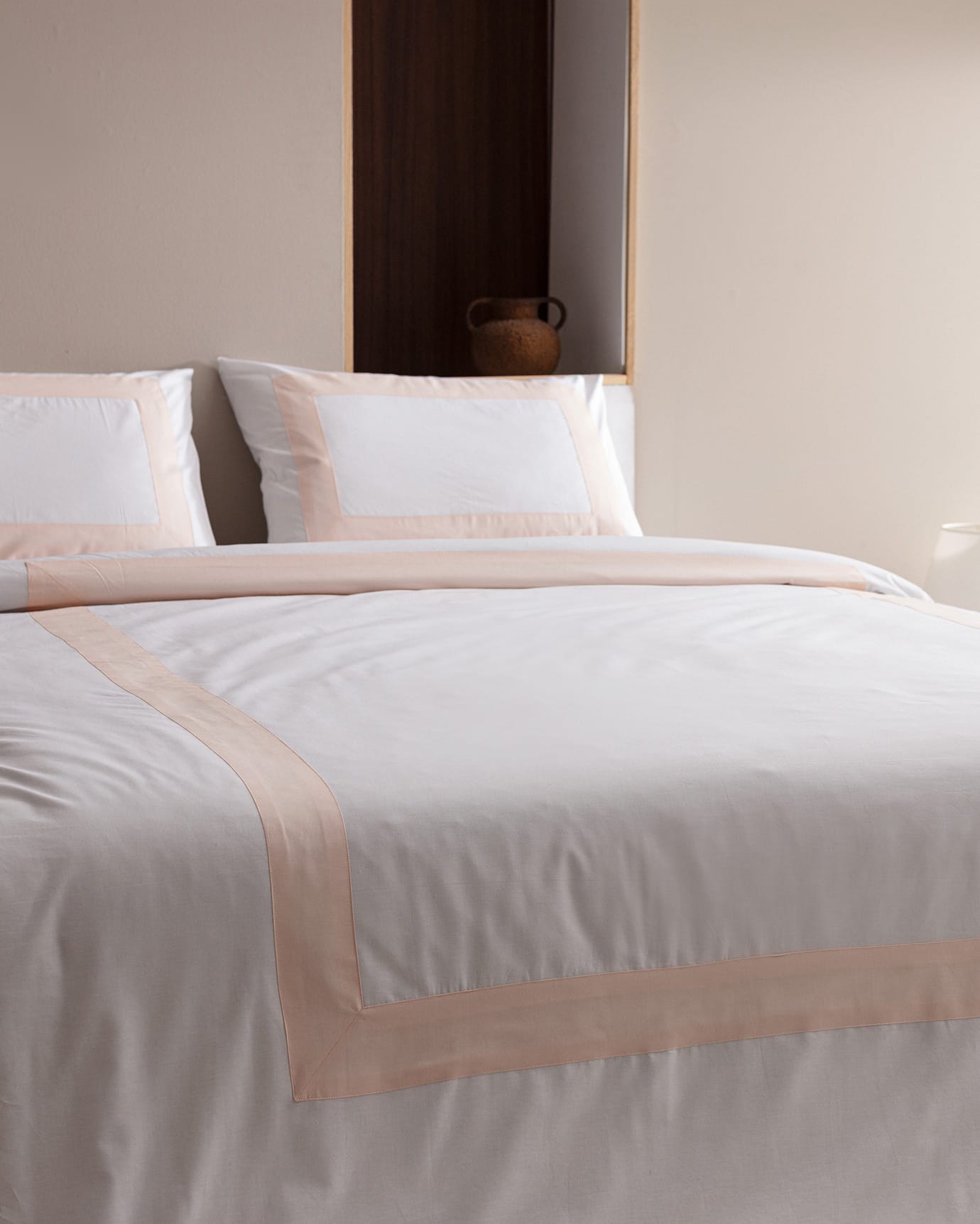 100% Cotton Valette King Size Duvet Cover Set with Fitted Sheet - White & Blush